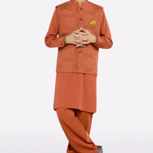 Rust Boys Kurta Shalwar With Waistcoat